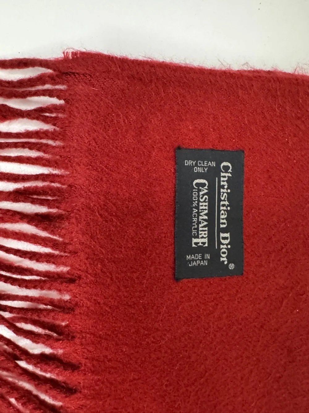 Christian Dior Red Fringed Acrylic Scarf Vintage Logo Made in Japan